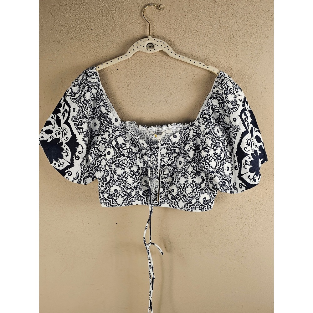 NWT Boden Womens Navy White Linen Halter Neck Smocked Crop Top 8
